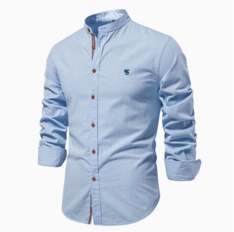 [WHOLESALE ONLY - CONTACT TO ORDER] Men's Casual Mandarin Grandad Collar Cotton-Linen Look Long Sleeve Button-Down Shirt with Contrast Placket Trim & Chest Embroidery (Pastel Sky Blue) [AW-267]