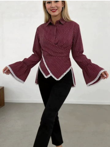 [WHOLESALE ONLY - CONTACT TO ORDER] Women's Parisian Chic Pinstripe Asymmetric Wrap Peplum Blouse with Crochet Lace Trim & Flared Bell Sleeves (Deep Burgundy Wine) [AW-268]