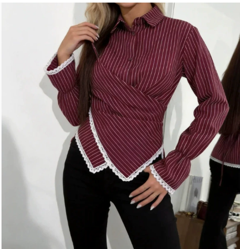 [WHOLESALE ONLY - CONTACT TO ORDER] Women's Parisian Chic Pinstripe Asymmetric Wrap Peplum Blouse with Crochet Lace Trim & Flared Bell Sleeves (Deep Burgundy Wine) [AW-268]