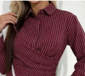 [WHOLESALE ONLY - CONTACT TO ORDER] Women's Parisian Chic Pinstripe Asymmetric Wrap Peplum Blouse with Crochet Lace Trim & Flared Bell Sleeves (Deep Burgundy Wine) [AW-268]