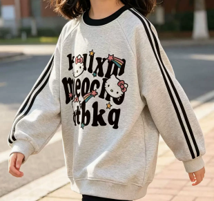[WHOLESALE ONLY - CONTACT TO ORDER] Kids Unisex Heavyweight 75% Cotton Fleece Raglan Sweatshirt Double Striped Sleeves Cartoon Graphic Pullover (Heather Grey) [KW-175]