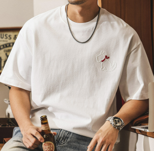 [WHOLESALE ONLY - CONTACT TO ORDER] Unisex Relaxed Fit Heavyweight 100% Combed Cotton 3D Dog Embroidery Short Sleeve T-Shirt (Optical White) [AW-284]