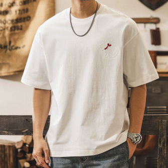 [WHOLESALE ONLY - CONTACT TO ORDER] Unisex Relaxed Fit Heavyweight 100% Combed Cotton 3D Dog Embroidery Short Sleeve T-Shirt (Optical White) [AW-284]
