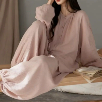 [WHOLESALE ONLY - CONTACT TO ORDER] Women's Slouchy Fit 100% Cotton Double Gauze Long Sleeve Pajama Lounge Set (Dusty Rose) [AW-308]