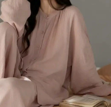 [WHOLESALE ONLY - CONTACT TO ORDER] Women's Slouchy Fit 100% Cotton Double Gauze Long Sleeve Pajama Lounge Set (Dusty Rose) [AW-308]