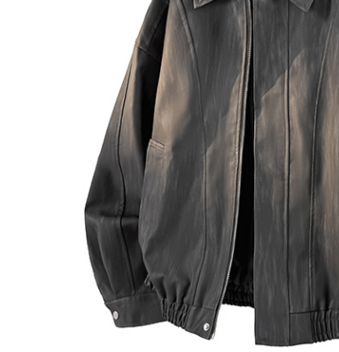 [WHOLESALE ONLY - CONTACT TO ORDER] Unisex Relaxed Fit Distressed Washed Faux Leather Zip-Up Harrington Jacket with Panel Seams (Charcoal Black) [AW-280]