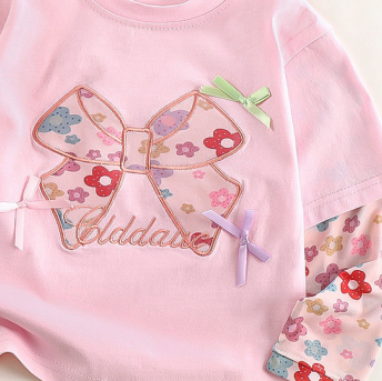 [WHOLESALE ONLY - CONTACT TO ORDER] Toddler & Girls Sweet 100% Combed Cotton Layered-Look Long Sleeve T-Shirt with 3D Ribbon Floral Bow (Pastel Pink) [KW-192]