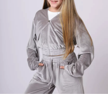 [WHOLESALE ONLY - CONTACT TO ORDER] Girls Y2K Retro High-Shine Velour Zip-Up Crop Hoodie & Wide-Leg Pants 2-Piece Tracksuit Set (Silver Grey) [KW-199]