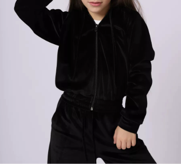 [WHOLESALE ONLY - CONTACT TO ORDER] Girls Y2K Retro High-Shine Velour Zip-Up Crop Hoodie & Wide-Leg Pants 2-Piece Tracksuit Set (Midnight Black) [KW-200]