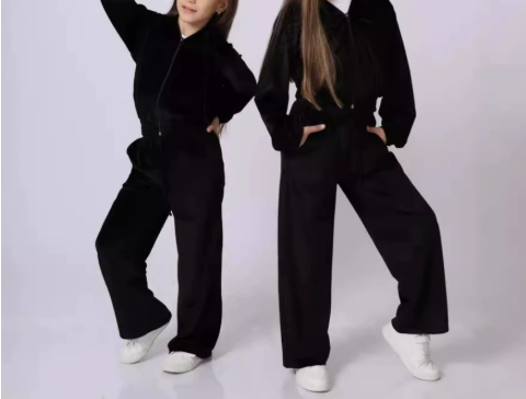 [WHOLESALE ONLY - CONTACT TO ORDER] Girls Y2K Retro High-Shine Velour Zip-Up Crop Hoodie & Wide-Leg Pants 2-Piece Tracksuit Set (Midnight Black) [KW-200]