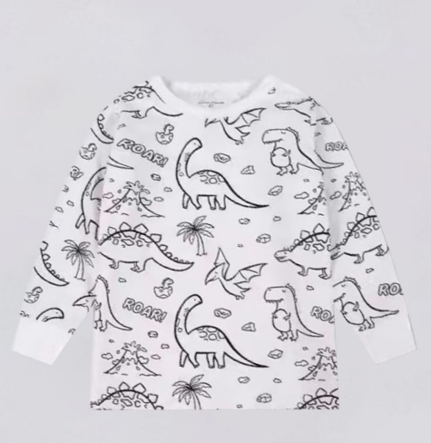 [WHOLESALE ONLY - CONTACT TO ORDER] Toddler & Kids Unisex 100% Combed Cotton All-Over Dinosaur Sketch Print Long Sleeve Pajama Set (Optic White) [KW-201]