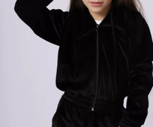 [WHOLESALE ONLY - CONTACT TO ORDER] Girls Y2K Retro High-Shine Velour Zip-Up Crop Hoodie & Wide-Leg Pants 2-Piece Tracksuit Set (Midnight Black) [KW-200]