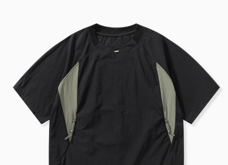 [WHOLESALE ONLY - CONTACT TO ORDER] Unisex Gorpcore Techwear Spliced Drawstring Nylon Short Sleeve T-Shirt (Black / Sage Green) [AW-365]
