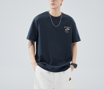 [WHOLESALE ONLY - CONTACT TO ORDER] Men's Heavyweight 100% Combed Cotton Surfing Animal Graphic Crewneck T-Shirt (Deep Navy) [AW-412]