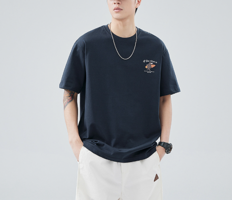 [WHOLESALE ONLY - CONTACT TO ORDER] Men's Heavyweight 100% Combed Cotton Surfing Animal Graphic Crewneck T-Shirt (Deep Navy) [AW-412]