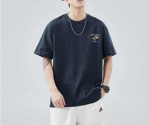 [WHOLESALE ONLY - CONTACT TO ORDER] Men's Heavyweight 100% Combed Cotton Surfing Animal Graphic Crewneck T-Shirt (Deep Navy) [AW-412]
