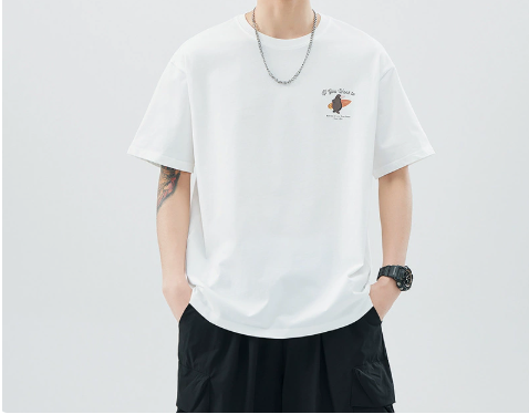 [WHOLESALE ONLY - CONTACT TO ORDER] Men's Heavyweight 100% Combed Cotton Surfing Animal Graphic Crewneck T-Shirt (Optic White) [AW-413]