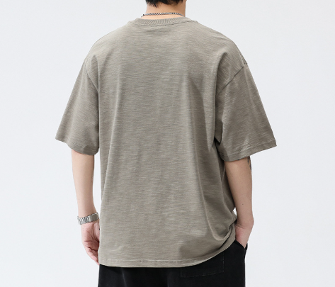 [WHOLESALE ONLY - CONTACT TO ORDER] Men's Heavyweight 100% Slub Cotton Oversized Drop-Shoulder T-Shirt with Embroidered Logo (Khaki Grey) [AW-462]