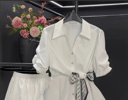 [WHOLESALE ONLY - CONTACT TO ORDER] Women's Heavyweight 80% Cotton Scarf Belted Puff Sleeve Peplum Shirt & Skirt 2-Piece Set (Ivory White) [AW-357]