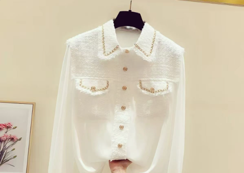 [WHOLESALE ONLY - CONTACT TO ORDER] Women's Heavyweight 65% Cotton Tweed Patchwork Gold Chain Trim Chiffon Long Sleeve Blouse (Ivory White) [AW-358]