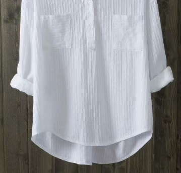 [WHOLESALE ONLY - CONTACT TO ORDER] Women's Relaxed 75% Combed Cotton Vertical Pleated Henley Blouse with Dual Pockets (Optic White) [AW-408]