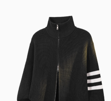 [WHOLESALE ONLY - CONTACT TO ORDER] Unisex Heavyweight 65% Cotton Ribbed Stand Collar Two-Way Zip Knit Cardigan with Sleeve Stripes (Black / White) [AW-376]