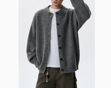 [WHOLESALE ONLY - CONTACT TO ORDER] Men's Korean Clean Fit Brushed Mohair-Touch Collarless Button-Up Cardigan Sweater (Heather Grey Melange) [AW-334]