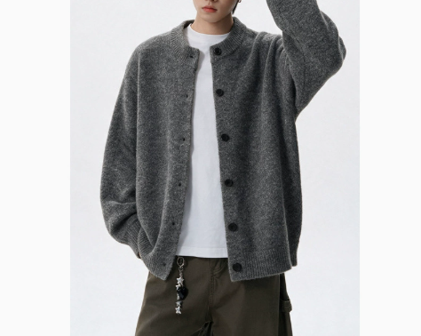 [WHOLESALE ONLY - CONTACT TO ORDER] Men's Korean Clean Fit Brushed Mohair-Touch Collarless Button-Up Cardigan Sweater (Heather Grey Melange) [AW-334]