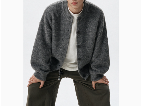 [WHOLESALE ONLY - CONTACT TO ORDER] Men's Korean Clean Fit Brushed Mohair-Touch Collarless Button-Up Cardigan Sweater (Heather Grey Melange) [AW-334]