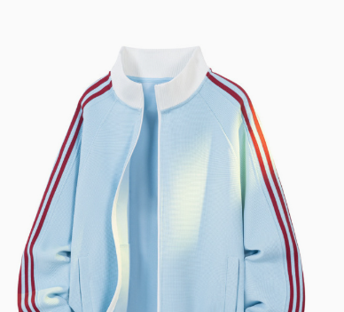 [WHOLESALE ONLY - CONTACT TO ORDER] Men's Retro Athletic Raglan Sleeve Waffle Knit Stand Collar Track Jacket (Sky Blue / Burgundy Stripes) [AW-339]