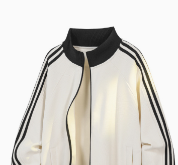 [WHOLESALE ONLY - CONTACT TO ORDER] Unisex Heavyweight 70% Cotton Waffle-Knit Stand Collar Zip Track Jacket with Side Stripes (Off-White / Black) [AW-377]