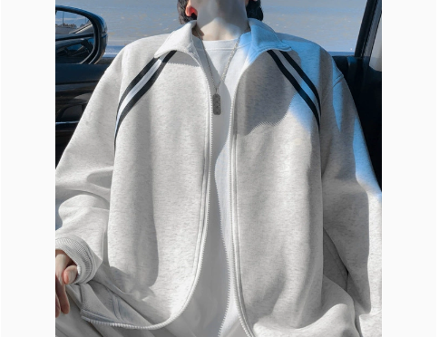 [WHOLESALE ONLY - CONTACT TO ORDER] Unisex Heavyweight 70% Cotton Stand Collar Zip Track Sweatshirt Jacket with Double Shoulder Stripes (Heather Light Grey) [AW-378]