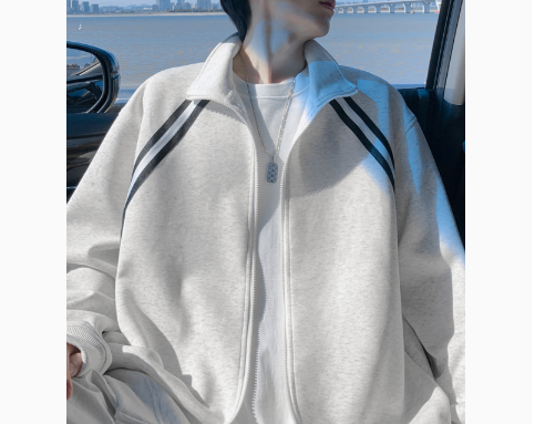 [WHOLESALE ONLY - CONTACT TO ORDER] Unisex Heavyweight 70% Cotton Stand Collar Zip Track Sweatshirt Jacket with Double Shoulder Stripes (Heather Light Grey) [AW-378]