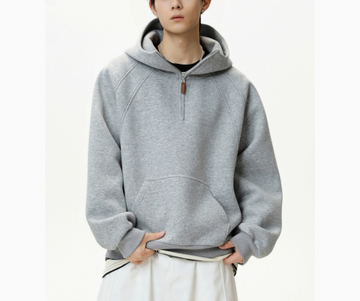 [WHOLESALE ONLY - CONTACT TO ORDER] Unisex Korean Clean Fit Heavyweight Scuba Fleece High-Neck Half-Zip Pullover Hoodie (Light Heather Grey) [AW-343]