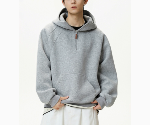[WHOLESALE ONLY - CONTACT TO ORDER] Unisex Korean Clean Fit Heavyweight Scuba Fleece High-Neck Half-Zip Pullover Hoodie (Light Heather Grey) [AW-343]