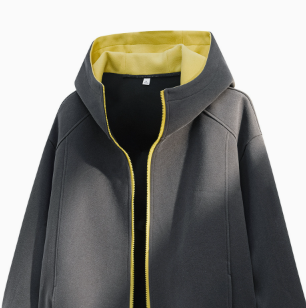 [WHOLESALE ONLY - CONTACT TO ORDER] Unisex Korean Clean Fit Heavyweight Scuba Fleece High-Neck Two-Way Full-Zip Hoodie (Charcoal Graphite / Contrast Lemon Yellow Lining) [AW-344]