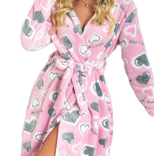 [WHOLESALE ONLY - CONTACT TO ORDER] Women's Ultra-Soft Plush Flannel Fleece Hooded Robe with Belt (Pink Heart Print) [AW-347]