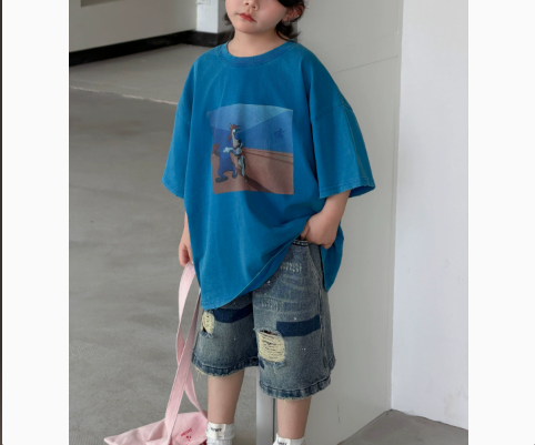 [WHOLESALE ONLY - CONTACT TO ORDER] Unisex Kids Heavyweight 85% Cotton Distressed Vintage Washed Denim Shorts (Washed Blue) [KW-204]
