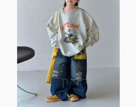 [WHOLESALE ONLY - CONTACT TO ORDER] Unisex Kids Heavyweight 80% Cotton Raw-Edge Distressed Vintage Graphic Sweatshirt (Oatmeal Grey) [KW-205]