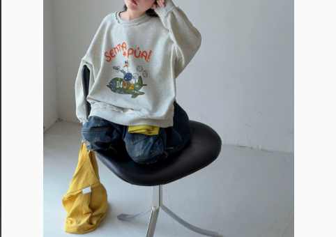 [WHOLESALE ONLY - CONTACT TO ORDER] Unisex Kids Heavyweight 80% Cotton Raw-Edge Distressed Vintage Graphic Sweatshirt (Oatmeal Grey) [KW-205]