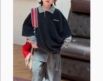 [WHOLESALE ONLY - CONTACT TO ORDER] Unisex Kids Heavyweight 85% Cotton Layered Look Contrast Collar Long Sleeve Polo Shirt (Black / Grey) [KW-206]