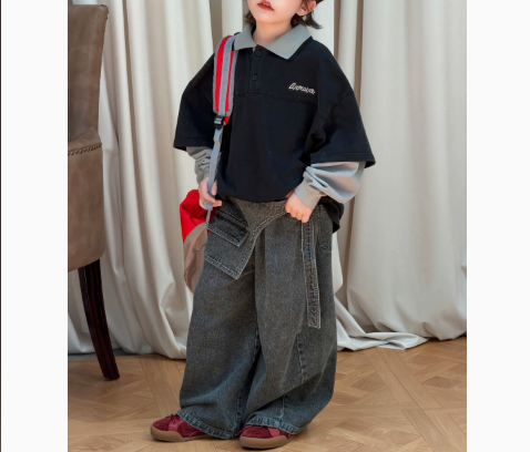 [WHOLESALE ONLY - CONTACT TO ORDER] Unisex Kids Heavyweight 85% Cotton Layered Look Contrast Collar Long Sleeve Polo Shirt (Black / Grey) [KW-206]