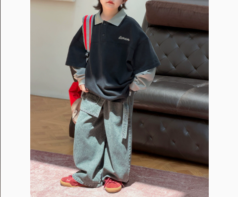 [WHOLESALE ONLY - CONTACT TO ORDER] Unisex Kids Heavyweight 85% Cotton Layered Look Contrast Collar Long Sleeve Polo Shirt (Black / Grey) [KW-206]