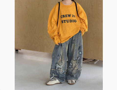 [WHOLESALE ONLY - CONTACT TO ORDER] Kids Unisex Oversized 100% Combed Cotton Heavyweight Slub Long Sleeve Graphic T-Shirt (Mustard Yellow) [KW-217]