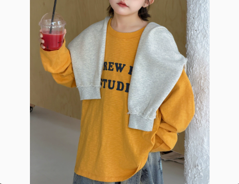 [WHOLESALE ONLY - CONTACT TO ORDER] Kids Unisex Oversized 100% Combed Cotton Heavyweight Slub Long Sleeve Graphic T-Shirt (Mustard Yellow) [KW-217]