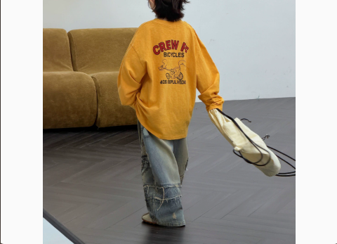 [WHOLESALE ONLY - CONTACT TO ORDER] Kids Unisex Oversized 100% Combed Cotton Heavyweight Slub Long Sleeve Graphic T-Shirt (Mustard Yellow) [KW-217]