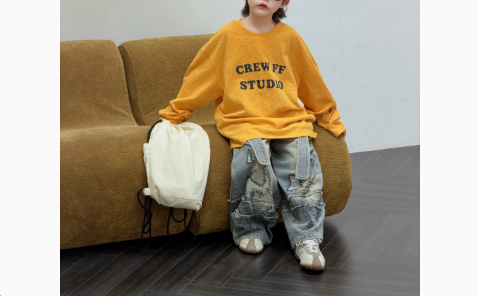 [WHOLESALE ONLY - CONTACT TO ORDER] Kids Unisex Oversized 100% Combed Cotton Heavyweight Slub Long Sleeve Graphic T-Shirt (Mustard Yellow) [KW-217]