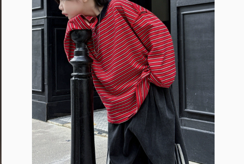 [WHOLESALE ONLY - CONTACT TO ORDER] Kids Unisex Oversized 100% Combed Cotton Heavyweight Striped Long Sleeve T-Shirt with Distressed Hem (Red & Navy Stripe) [KW-219]