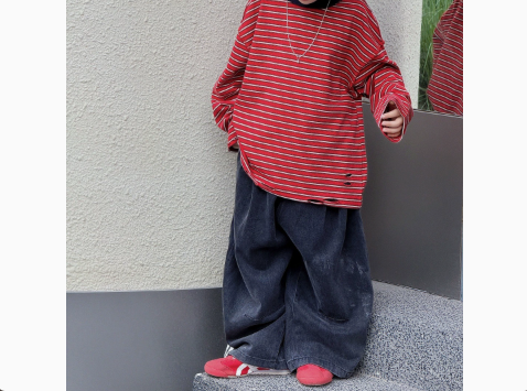 [WHOLESALE ONLY - CONTACT TO ORDER] Kids Unisex Oversized 100% Combed Cotton Heavyweight Striped Long Sleeve T-Shirt with Distressed Hem (Red & Navy Stripe) [KW-219]