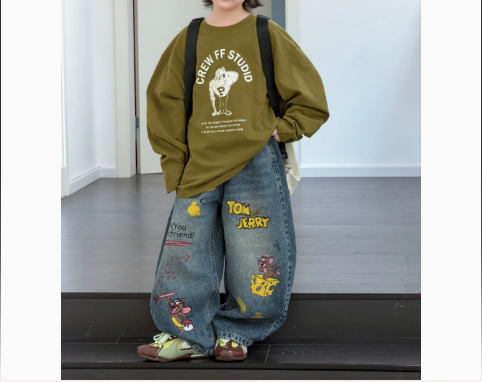 [WHOLESALE ONLY - CONTACT TO ORDER] Kids Unisex Oversized 100% Combed Cotton Heavyweight Long Sleeve Cartoon Graphic T-Shirt (Army Green) [KW-218]